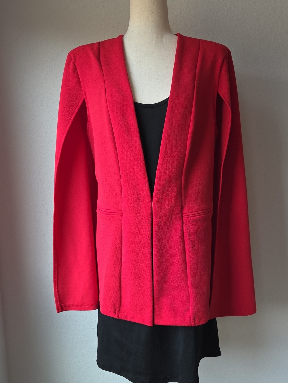 Women's Open Front Red Blazer Jacket Open Sleeves Cape Back Holiday XL Classy